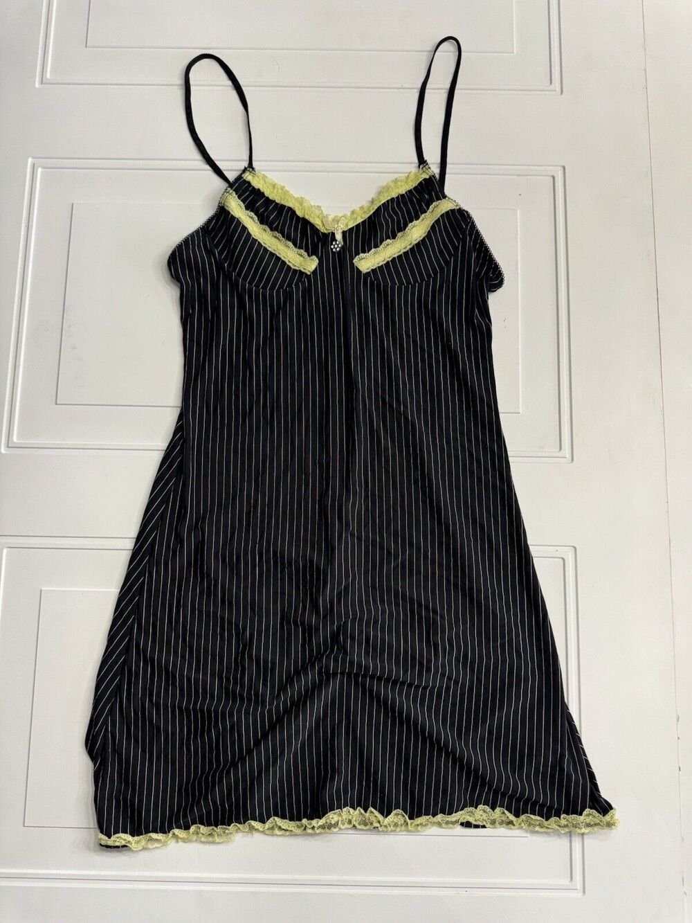 Jolie Womens Sz M Slip Dress Nighty Lingerie Black Yellow Wireless Pinstripe